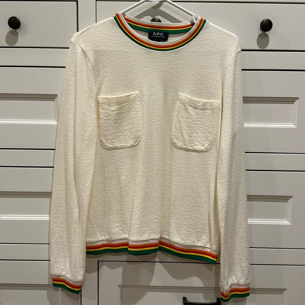 APC, light sweatshirt material, cream with multi color accents. Never worn